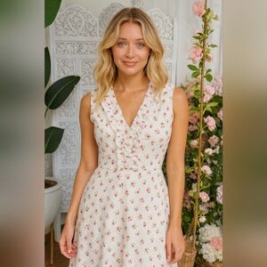 Vintage Shabby Chic White Rose Ruffle Dress Size 11 Juniors Cottagecore Prairie